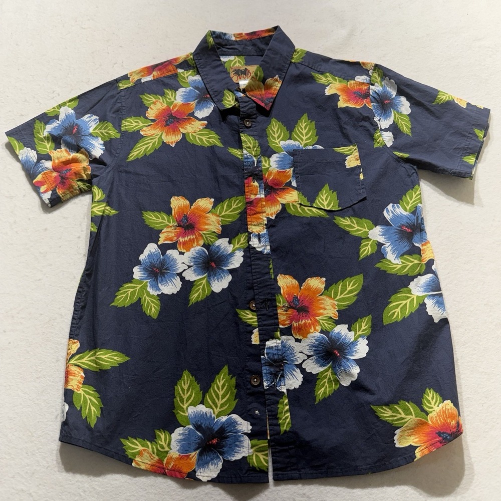 In Gear Hawaiian Shirt Men's Large Floral Aloha Button Up Navy Blue Cotton